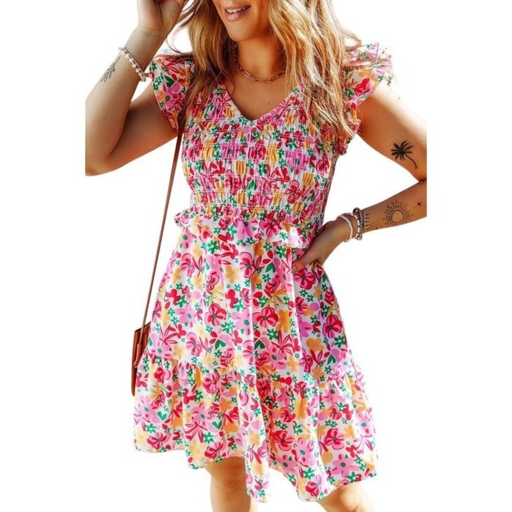 Pink  Multicolor Smocked Bodice Ruffle Trim Floral Dress New Size X-Large